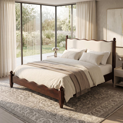 Queen Size MDF Platform Bed with Upholstered Headboard, Espresso Frame+Beige Fabric