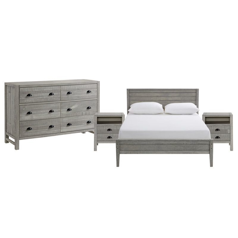 Ensemble de chambre à coucher 4 pièces Windsor avec lit simple à lattes et commode 6 tiroirs Windsor, Complète, gris