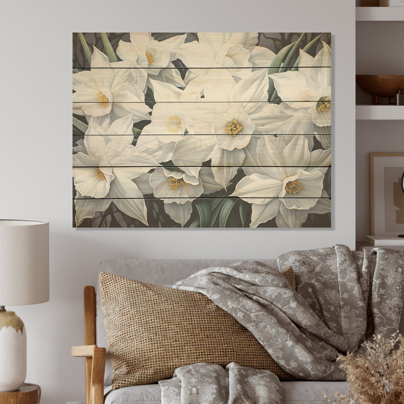 Minimalism White Daffodils I - Daffodils Wood Wall Art On Natural Pine Wood, 10" H x 20" W