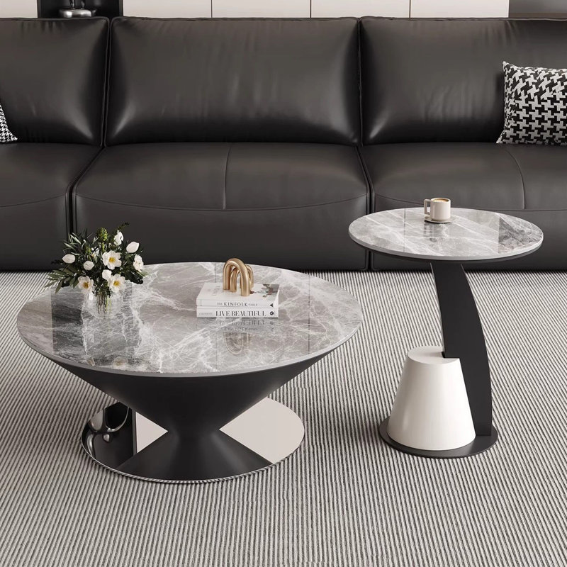 Ensemble de tables basses rondes en contreplaqué gris et acier inoxydable, 90+50
