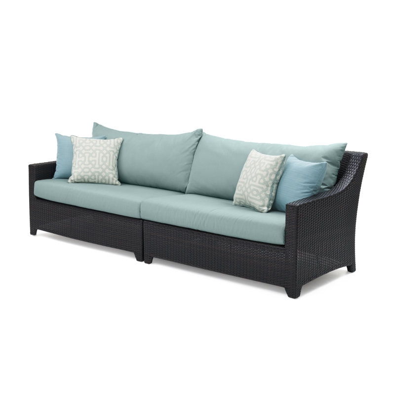 Fionnula 96" Wide Wicker Patio Sofa With Sunbrella Cushion Covers, Canvas Spa Sunbrella® Canvas
