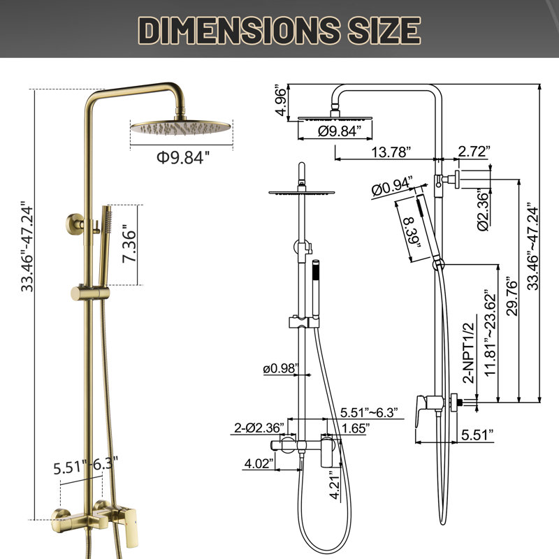 Brushed Gold Adjustable Rain Shower System with Handheld