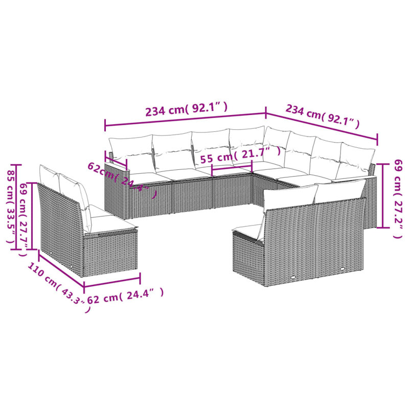 Ensemble de canapés de patio 11 pièces avec coussins 11 pièces