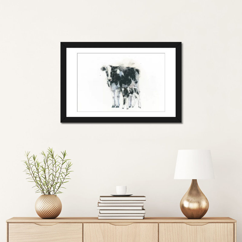 Vache et veau, impression sur toile tendue, H 24 po x l 32 po x P 1 po, Papier d'art encadré noir, Blanc