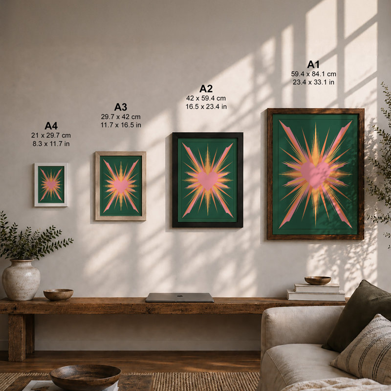 Radiant Starburst Retro - Framed Print, A4 - 29.7 x 21.0 cm, Black