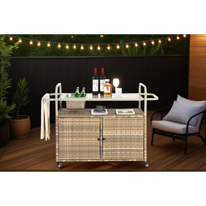 Beige Outdoor Bar Table Wicker Bar Cart With Steel Top, Ice Bucket, Lockable Wheels And Side Basket Perfect For Patio, Garden, Poolside And Backyard