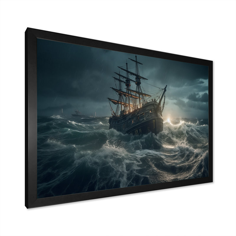 «Ship In The Middle Of A Storm I», reproduction d'art sur toile, Cadre photo noir, H 24 po x l 32 po x P 1 po