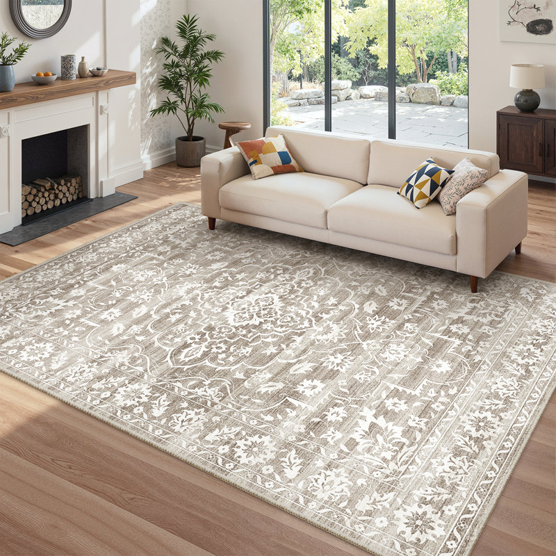 Machine Washable Floral Non Slip Indoor Area Rug, Light Brown, Rectangle 160 x 230cm
