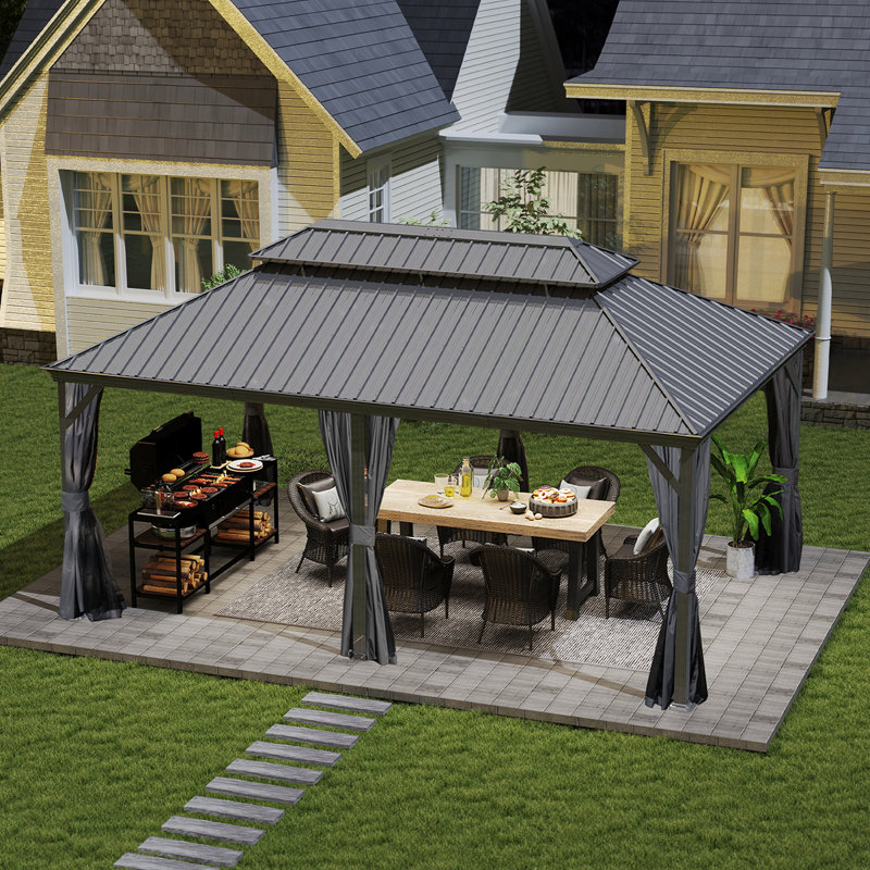 18 Ft. W x 12 Ft. D Galvanized Steel Patio Gazebo with Double Roof, Gray