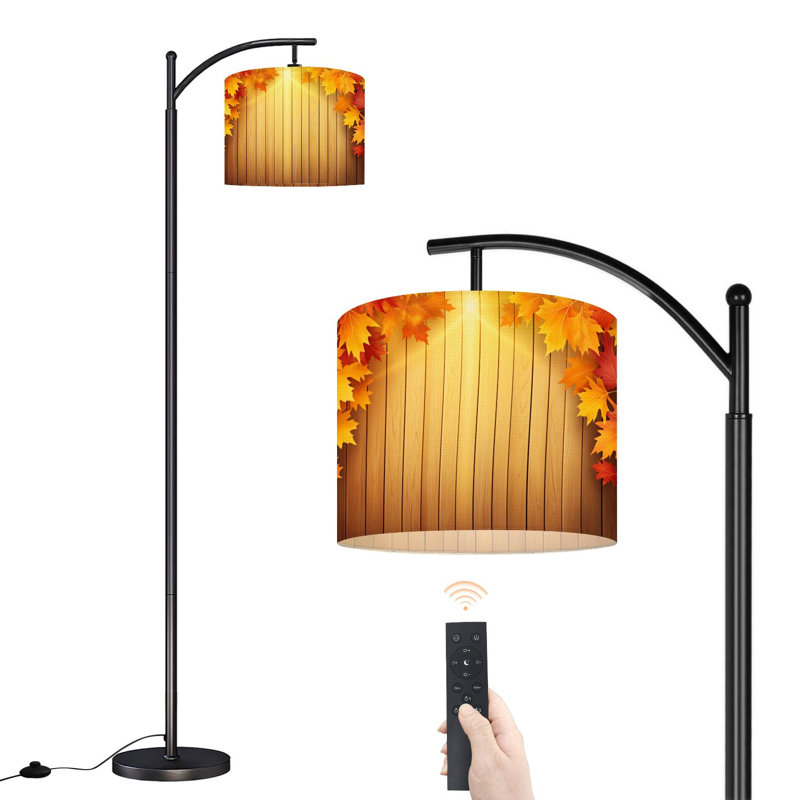 Arc Floor Lamp Autumn Wood board fall leaves border Floor Lamps with Remote LED Lights Adjustable Lamp Shades Tall Standing Lamps for Reading Office Living Room