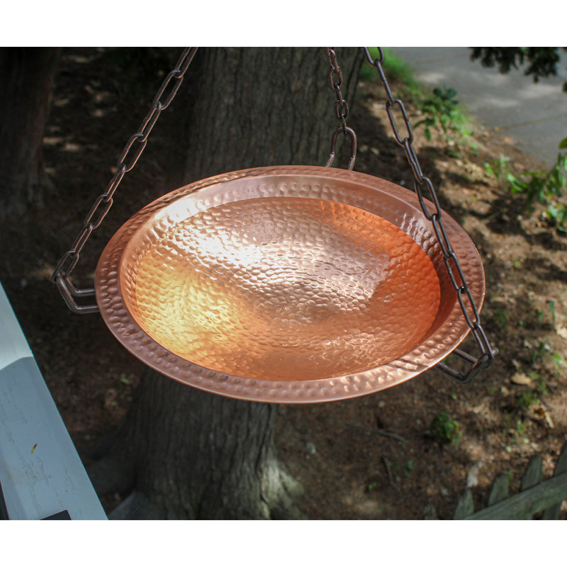 Solid Copper Hanging Birdbath with Black Chain