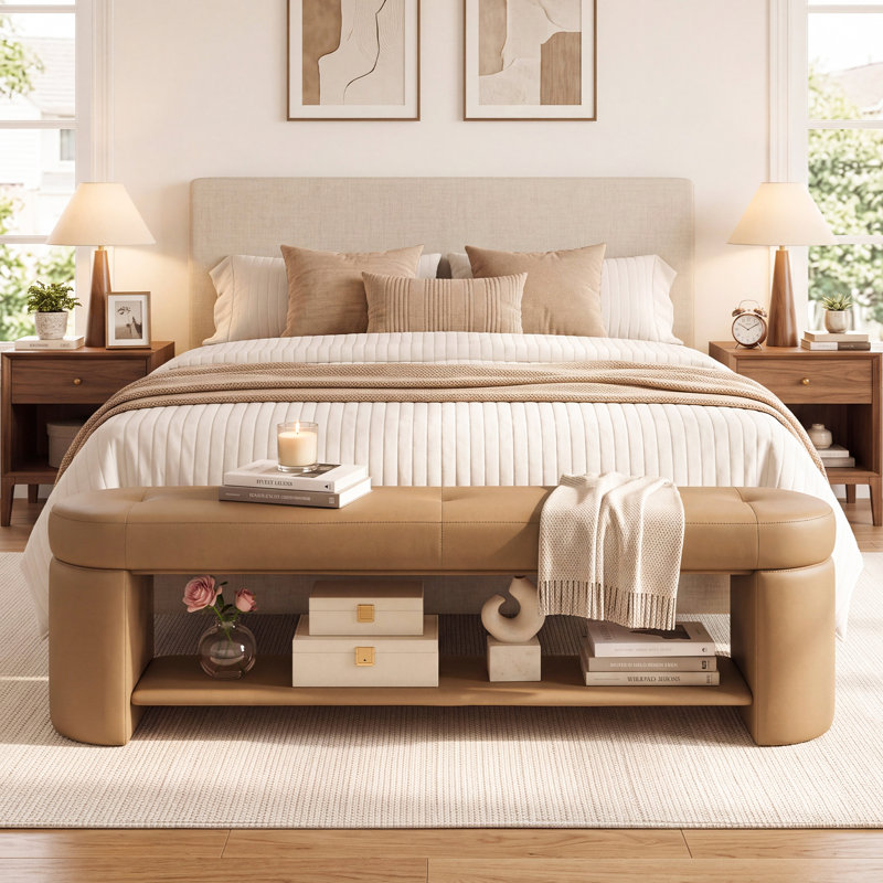 Banc de lit long de 160 cm (62,99 po) en similicuir avec tablette de rangement ouverte, banc de chambre à coucher