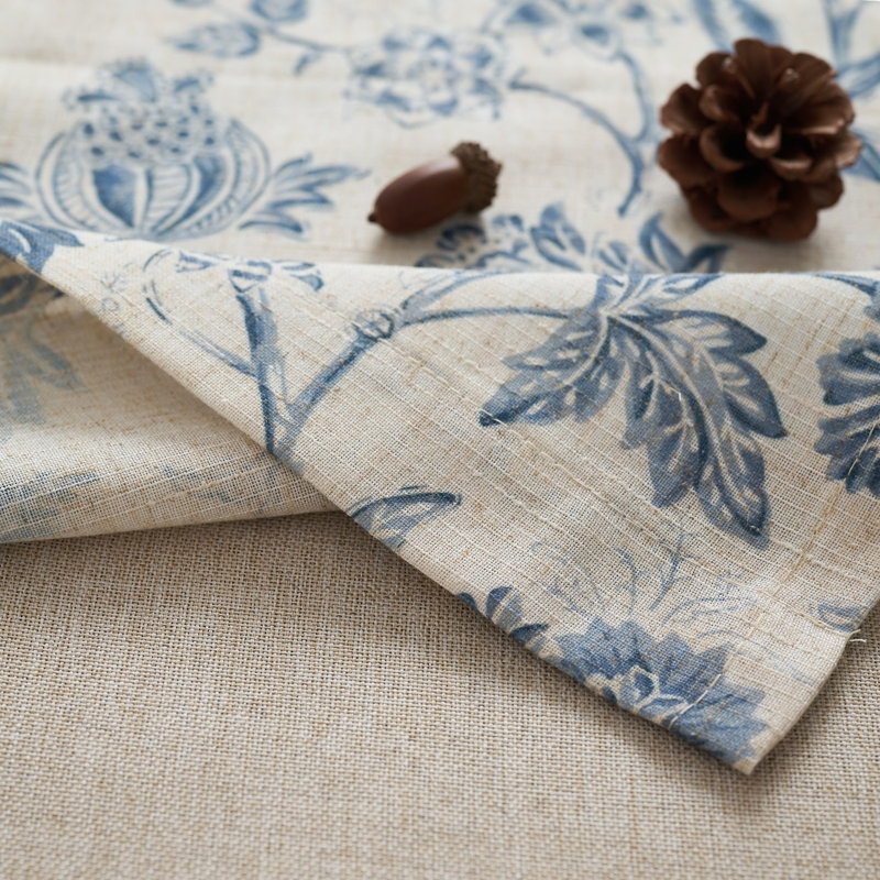 Linen Floral Printed Double Layered Kitchen Valance, Blue/Beige