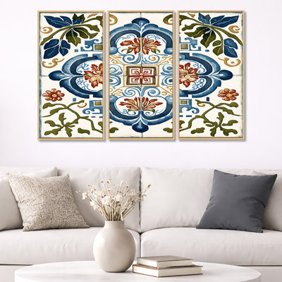 " Mediterranean Tiles In Retro Blue I " 3 - Pieces