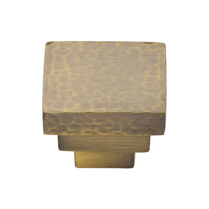 Heritage Brass Heritage Cabinet Knob Square Stepped Hammered Design, Antique Brass