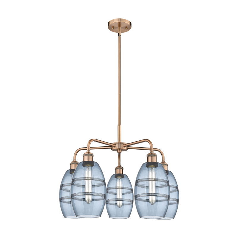 Lustre rond / ovale à abat-jour 5 lumières, H 13,63 po x l 23,88 po x P 23,88 po, Bleu princesse, Cuivre antique