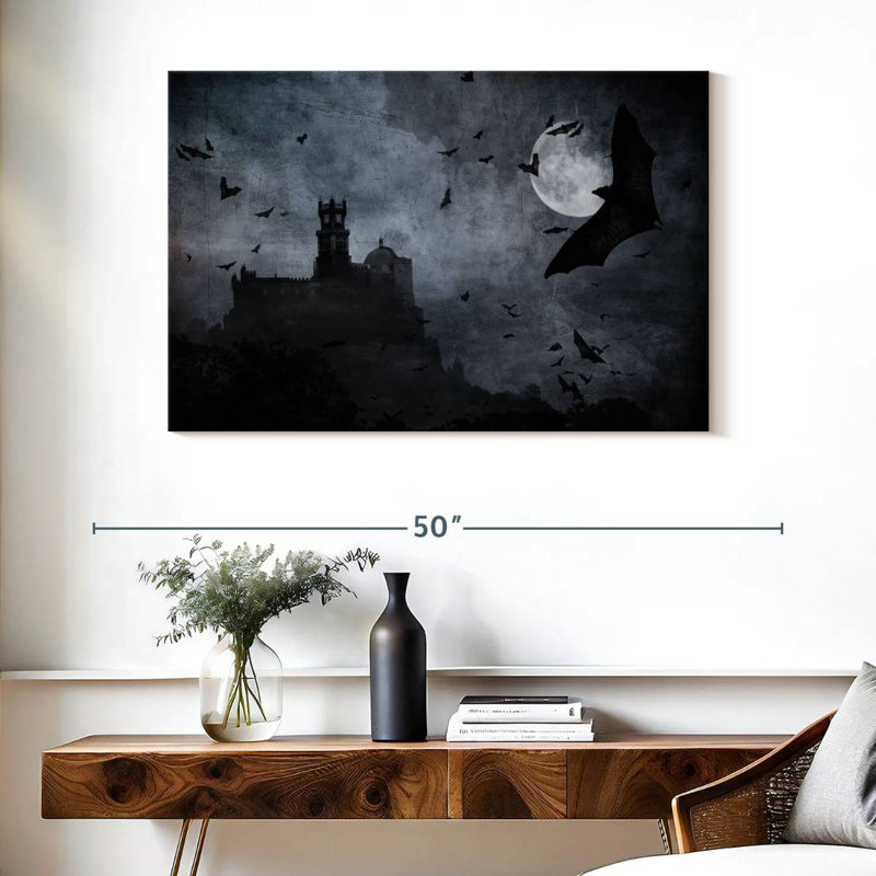 Château entouré de chauves-souris, H 26 po x l 39 po