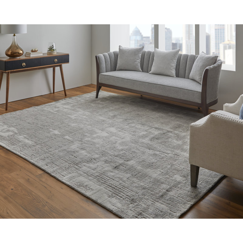 Tapis abstrait en viscose tissé à la main gris / ivoire, Tapis de couloir 2 pi 6 po x 10 pi