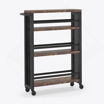 20" Slim 4-Tier Rolling Utility Cart With Wheels, Narrow Kitchen Storage Trolley For Small Spaces, Wood And Metal Spice Rack Organizer, Mobile Shelving Unit For Pantry, Bathroom – Brown & Black