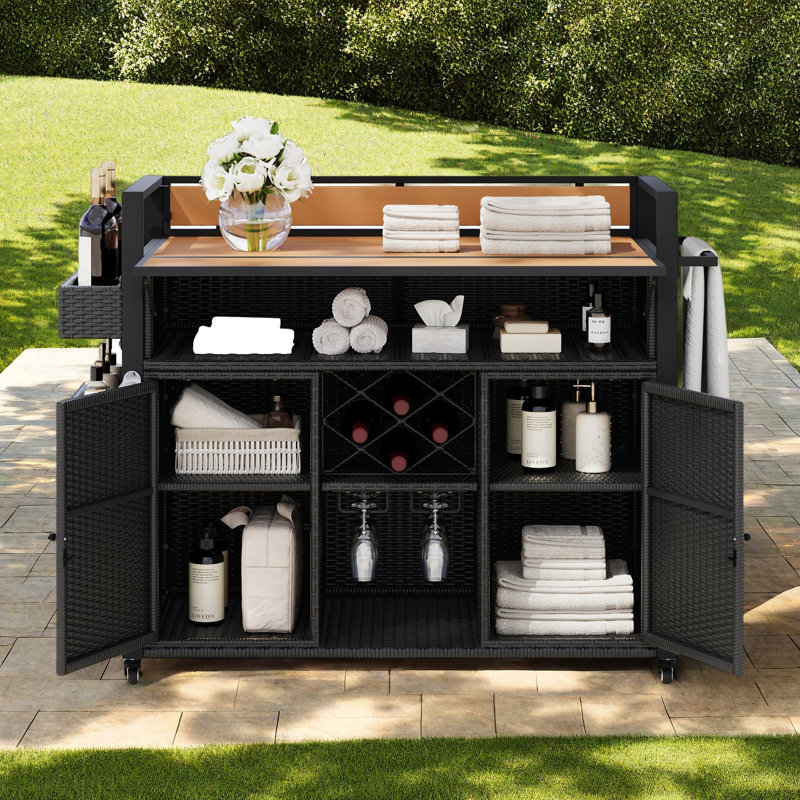 Kylie Wicker Rolling Kitchen Island On Wheels With Storage Cabinet, Black