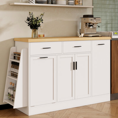 Kitchen Sideboard With Hidden Trash Storage, 3 - Tier Spice Rack, And Two Tone Design. Sliding Door Cabinet Drawers For Essentials