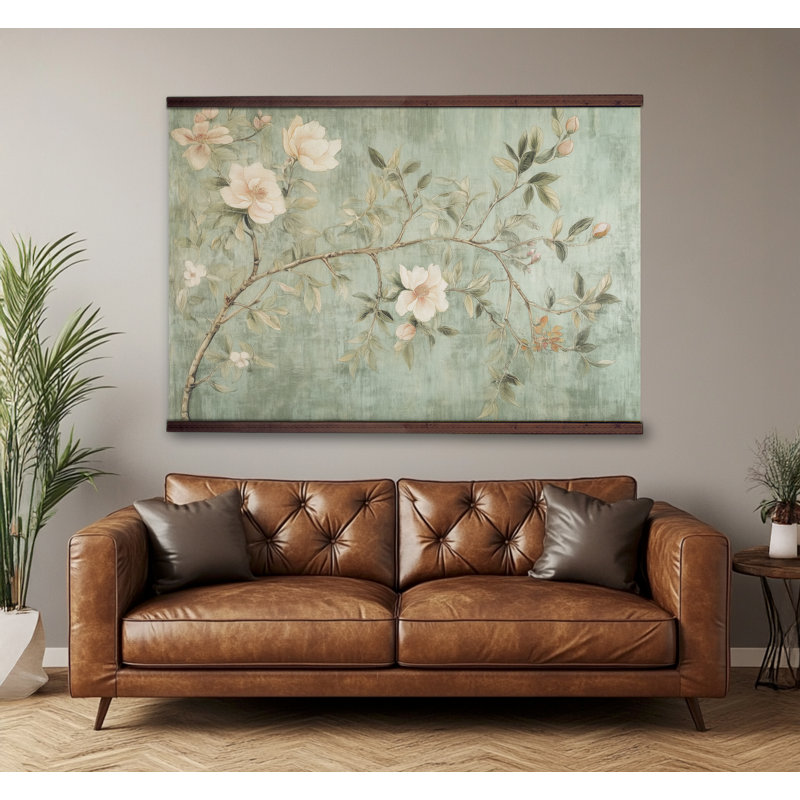 Magnolia Branch Wall Hanging Tapestry – Extra Large Vintage Botanical Canvas Artwork with Wooden Hangers, 32" H x 48" W