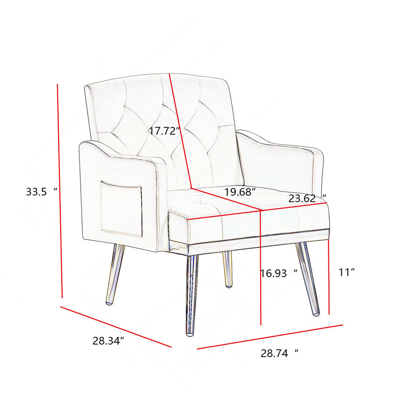 Fauteuil en velours confortable et élégant avec pieds en métal et poches latérales, idéal pour divers décors de maison