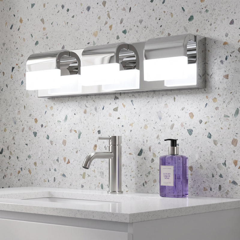 Applique murale de salle de bain moderne 22 po à 3 lumières DEL chromées courbées avec miroir, Chrome chrome, Trois lumières
