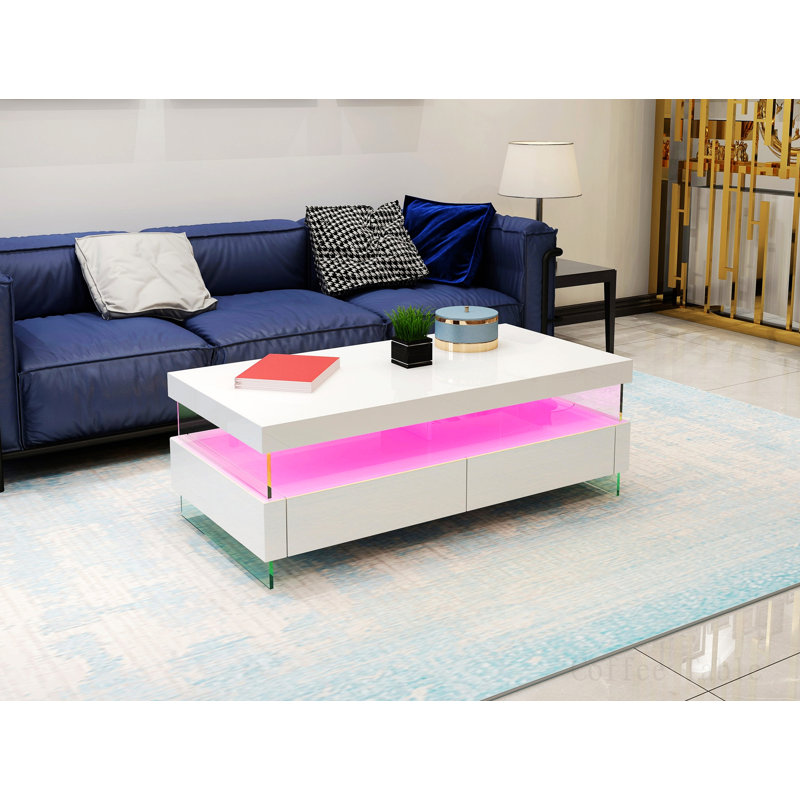 Table basse de style contemporain à DEL de style contemporain fabriquée avec du bois et une finition brillante, Blanc