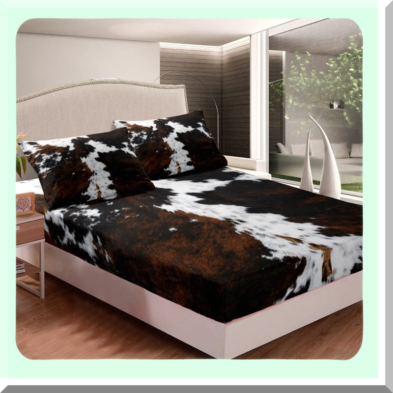 Maroon Cowhide Print Full Size Bedding Set - 3 Piece Cow Pattern Theme Fitted Sheet & Pillowcases, Deep Pocket Home Bedroom Decor.