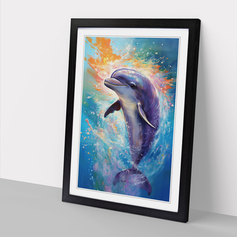 Dolphin Impressionism - Single Picture Frame Print on Wood, 64" H x 46" W x 2" D, Black
