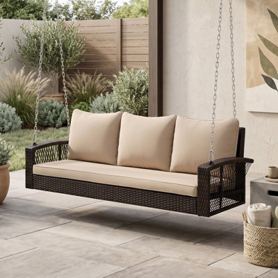Banc de patio de 69 po en osier pour terrasse avec coussins et chaînes en métal robustes 69 po