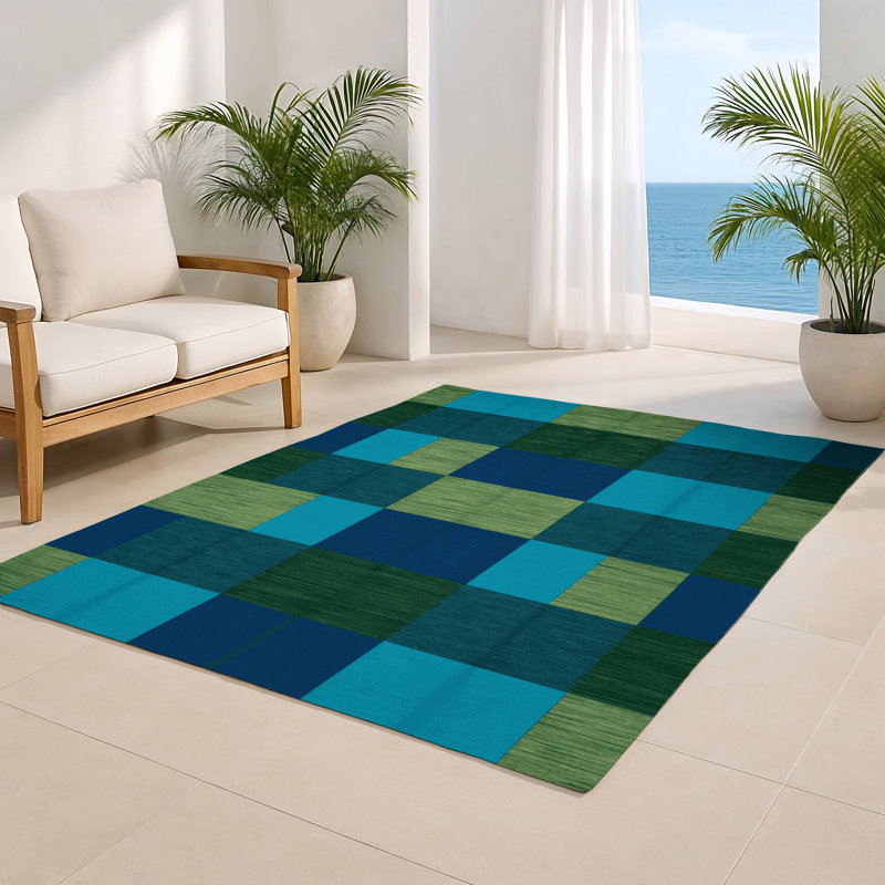 Checkered Blue Indoor and Outdoor Area Rug, Rectangle 8' x 10'