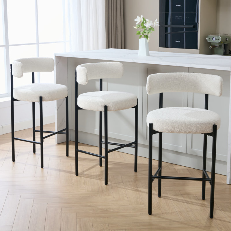 Tabouret de bar rembourré 30 po à dossier bas incurvé et structure en métal, Cream White, 3