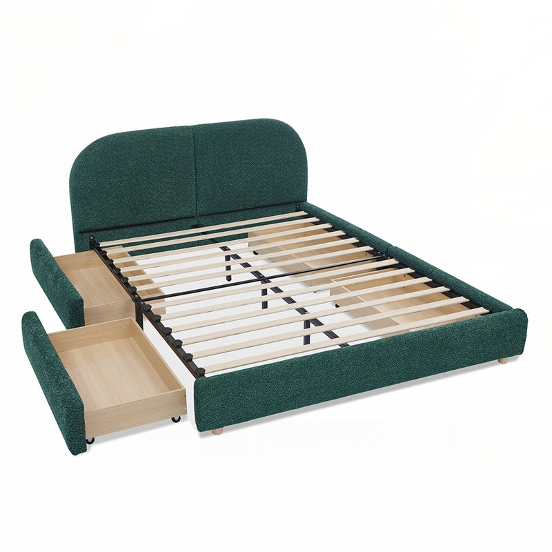 Structure de lit rembourrée avec tête de lit, rangement pour tiroir robuste sur roulettes, matelas non inclus, Très grand lit