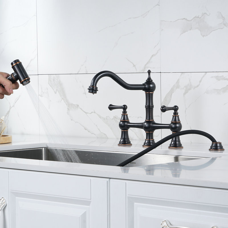 Heritage Brass Bridge Kitchen Faucet with Sprayer, 4 Hole Kitchen Faucet 2 Handle, 8 Inch Centerset Faucet for Kitchen Sinks