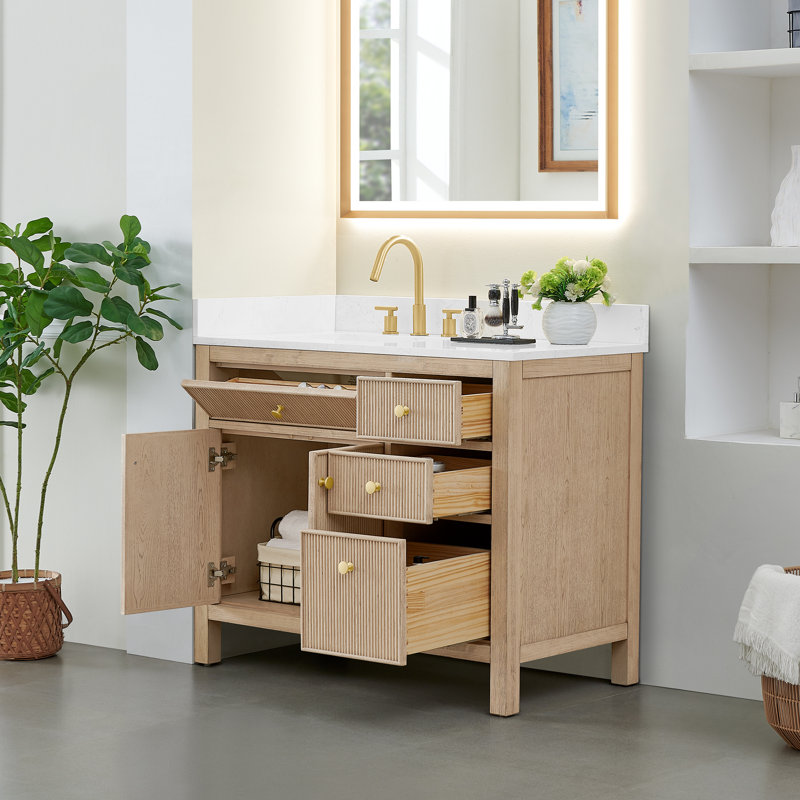 Lala 42" Single Bathroom Vanity with Grain White Engineered Stone Countertop without Mirror, Natural Oak