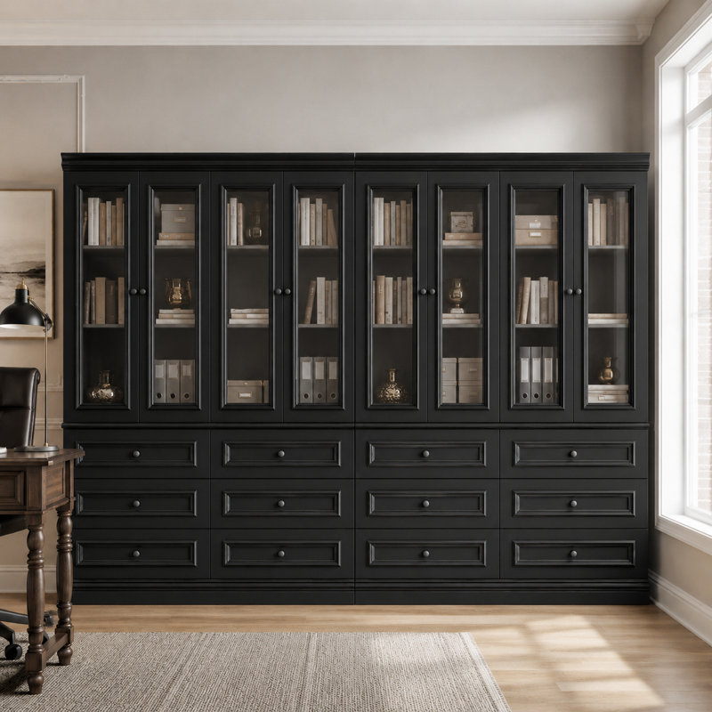 Ensemble d'armoires de bureau 78,7 po en verre noir avec 12 tiroirs