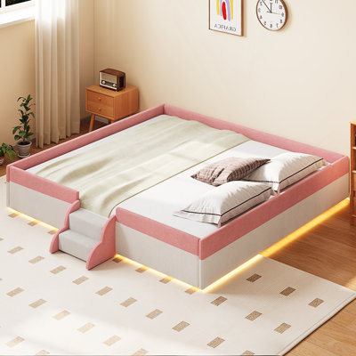 King Size Upholstered Floor Bed with Fence, 2-Tier Steps and Smart LED Lights