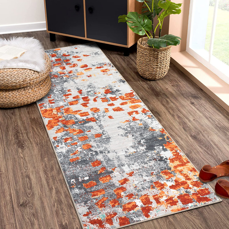 Tapis moderne et coloré abstrait, tapis lavable pour chambre à coucher et salon, Orange, Runner 2' x 6'
