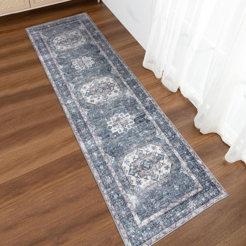 Janna Oriental Performance Machine Washable Area Rug Blue, Runner 2'6" x 8'