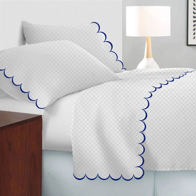 Allena 400TC Cotton Scallop Embroidery Sateen Microcheck Cotton 4 Piece Sheet Set Fitted Sheet Fits Upto 16" Deep Pocket