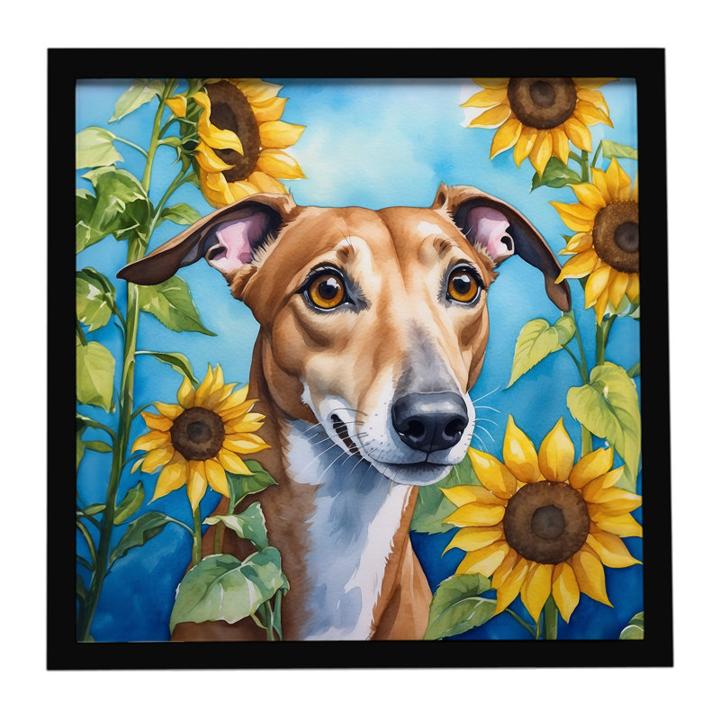 Greyhound in Sunflowers Framed Metal Print