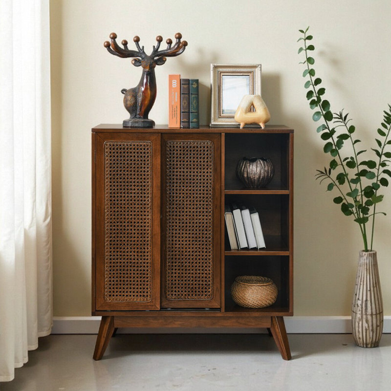 Buffet Mid-Century moderne en rotin avec tablettes réglables et pieds en bois massif - Buffet en noyer, Noyer