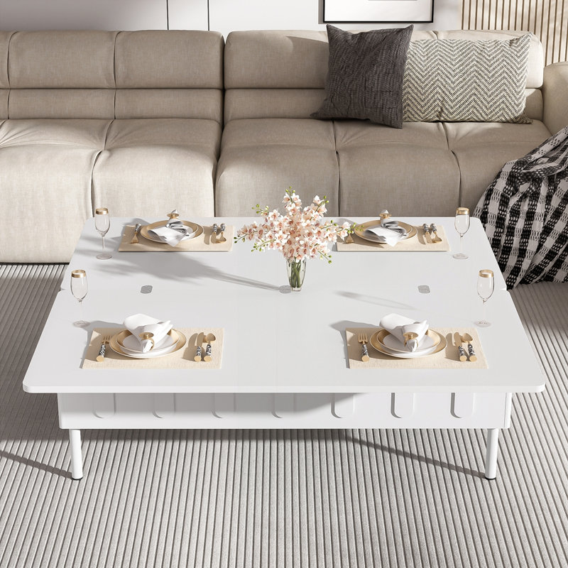 Table basse à plateau relevable avec 2 tiroirs, Blanc