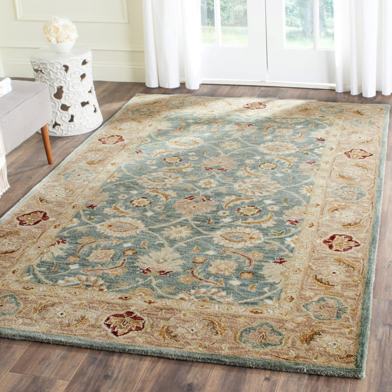 Antiquity Hand-Tufted Teal Blue / Taupe Area Rug, Rectangle 6' x 9'