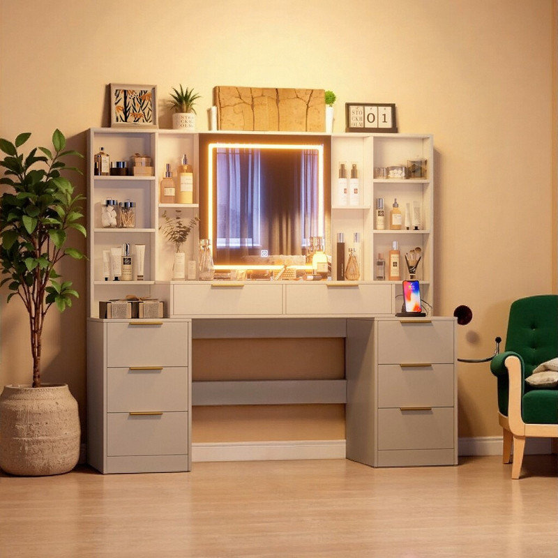 Coiffeuse de 59 pouces avec miroir à DEL, coiffeuse à 8 tiroirs avec éclairage réglable