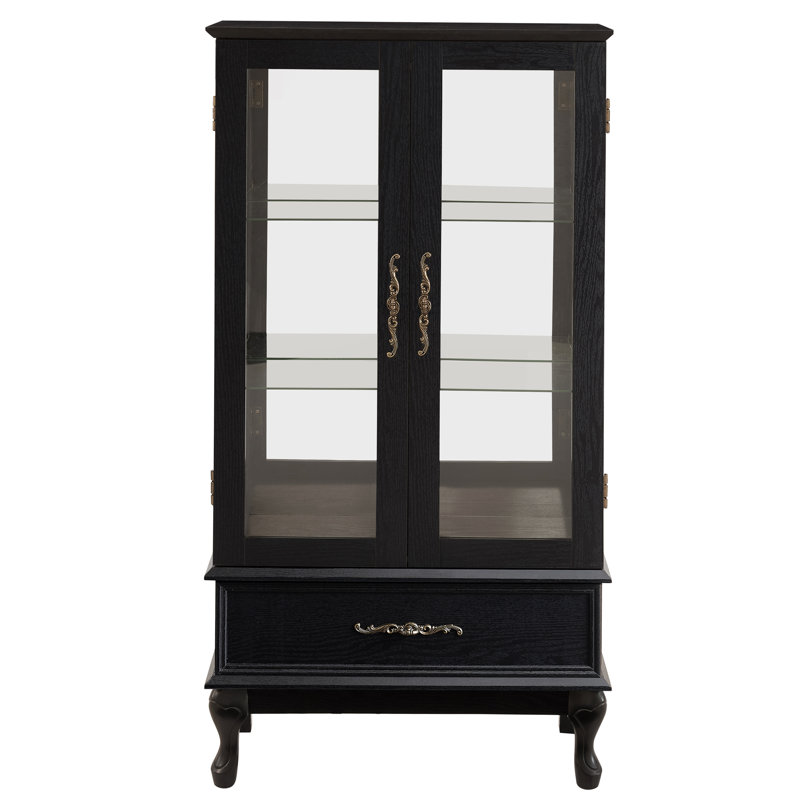 Vitrine lumineuse avec portes vitrées et tablettes réglables Vitrine vitrée 2 portes avec lumières DEL Finition noire et tiroir pour la décoration intérieure et le rangement