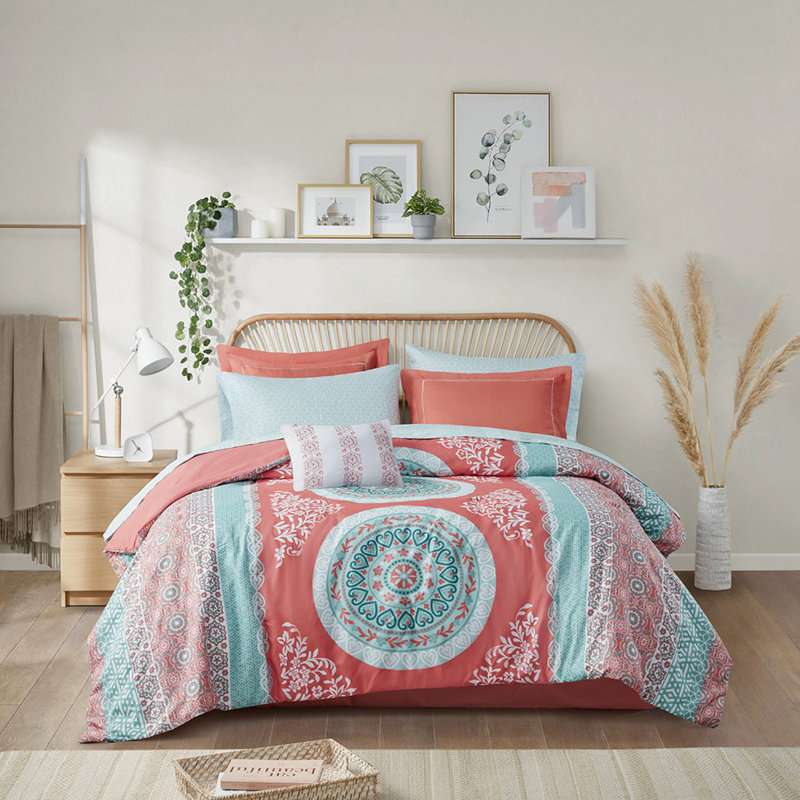 Édredon décoratif à motif de médaillon en bourre - Complet avec draps, Ensemble de draps complets + 8 pièces supplément