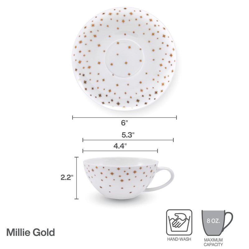 Millie White and Gold Bone China Tea Cups with Saucers, Set of 4